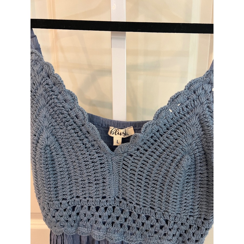 Blush Blue Crochet Bodice Midi Dress Boho Smocked Back Adjustable Straps Large